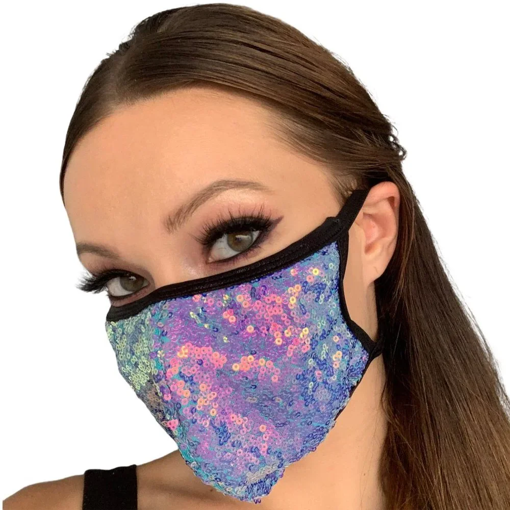 Iridescent Sequin Face Mask Jade Blue Black Trim